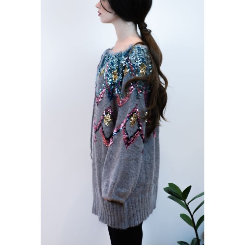 Knitted Grey Blouse with Sequins